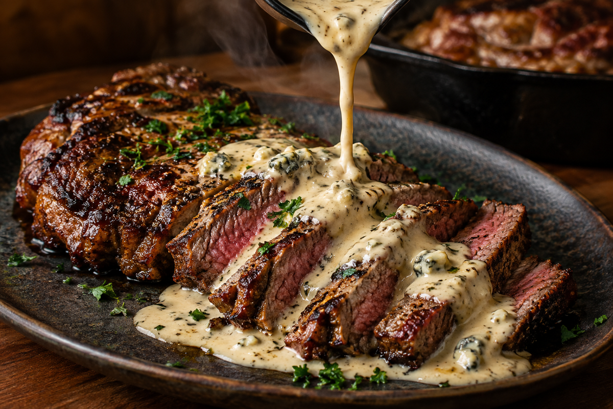 Cast-Iron Steak with Blue Cheese Cream Sauce