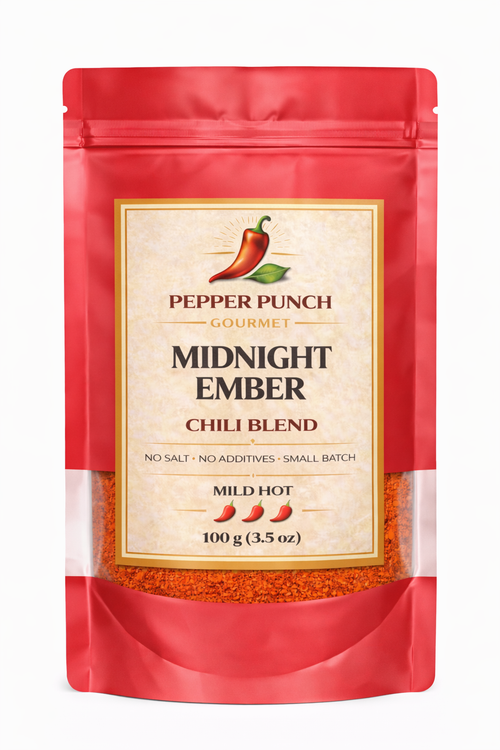 Pepper Punch Gourmet Midnight Ember chili blend 100g pouch on white background