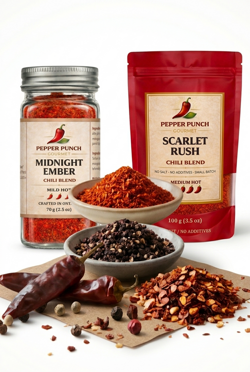Pepper Punch Build Your Own Duo Bundle with Midnight Ember jar and Scarlet Rush pouch chili blends