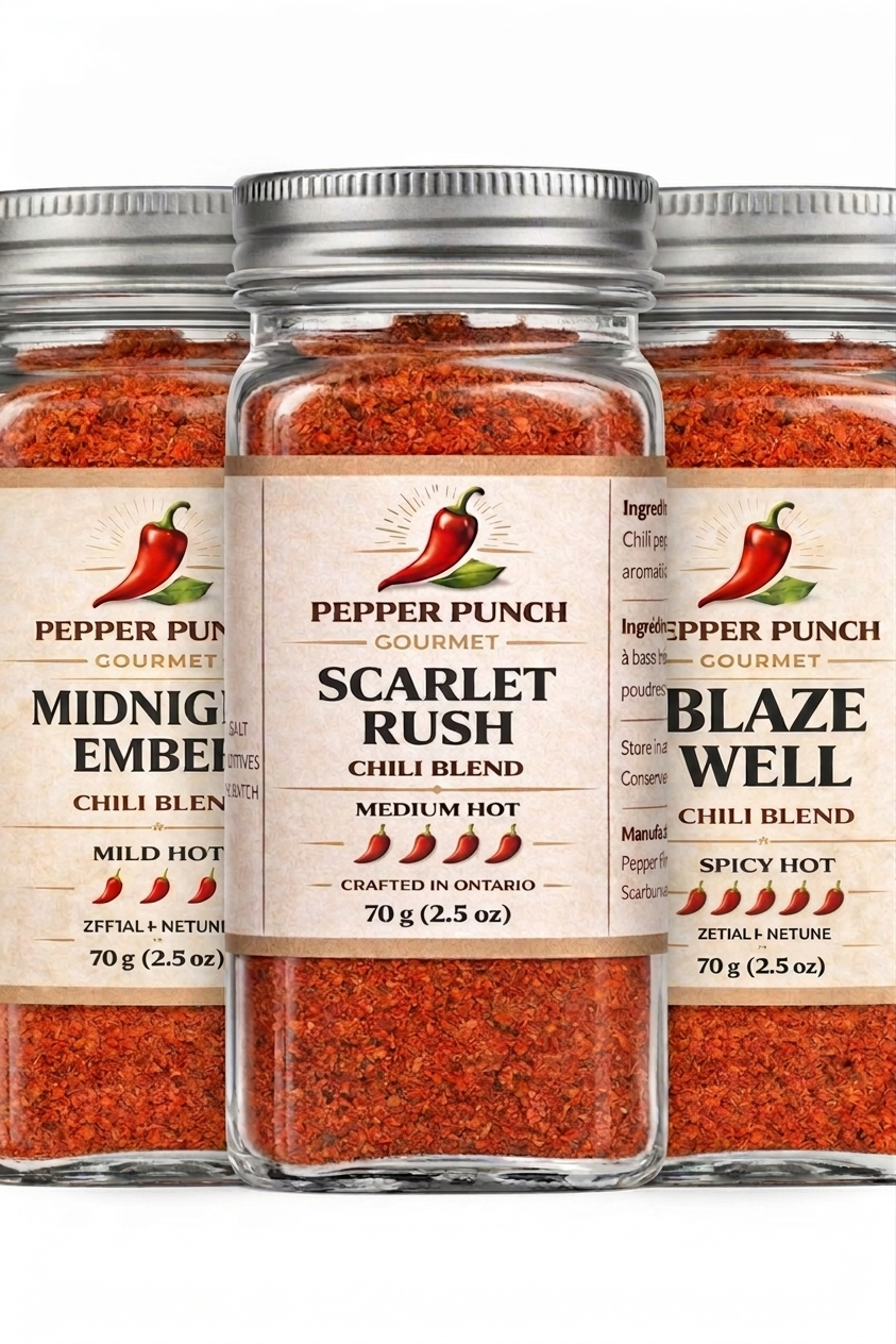 Pepper Punch Chef’s Essential Jar Trio with Midnight Ember, Scarlet Rush, and Blaze Well chili blend jars