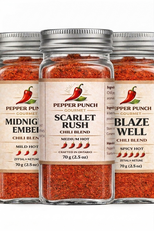 Pepper Punch Chef’s Essential Jar Trio with Midnight Ember, Scarlet Rush, and Blaze Well chili blend jars