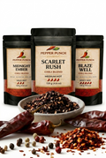 Pepper Punch Family Trio with Midnight Ember, Scarlet Rush, and Blaze Well 130g chili blend pouches