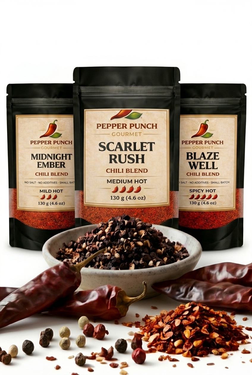 Pepper Punch Family Trio with Midnight Ember, Scarlet Rush, and Blaze Well 130g chili blend pouches